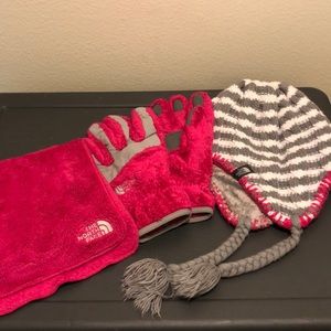 The North Face hat, gloves, scarf set